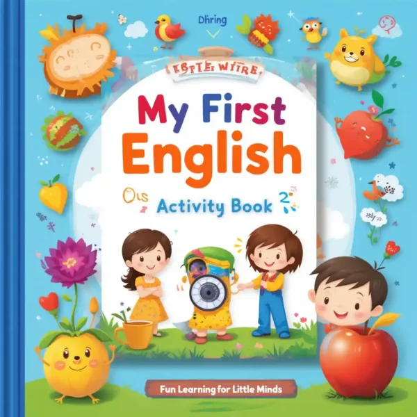 "Design a fun, colorful, and inviting cover for a preschool English activity book titled 'My First English Activity Book: Fun Learning for Little Minds.